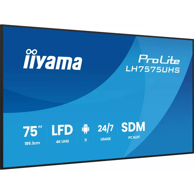 iiyama LH7575UHS-B2AG Signage Displejs Digitālās izkārtnes plakanais panelis 190.5 cm (75 collas) LCD Wi-Fi 500 cd/m² 4K Ultra HD Melns Iebūvēts procesors Android 11 24/7