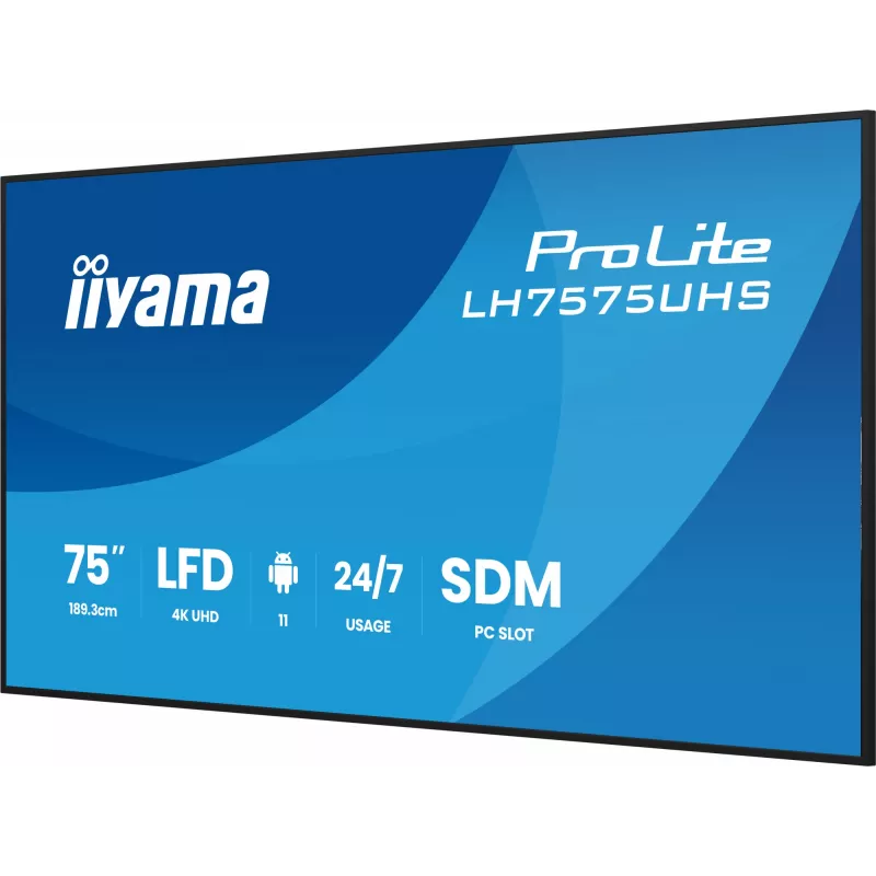 iiyama LH7575UHS-B2AG Signage Displejs Digitālās izkārtnes plakanais panelis 190.5 cm (75 collas) LCD Wi-Fi 500 cd/m² 4K Ultra HD Melns Iebūvēts procesors Android 11 24/7