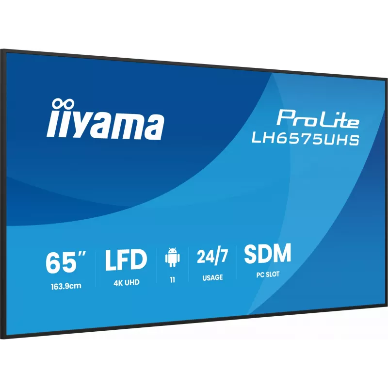 iiyama LH6575UHS-B2AG Signage Display Digital signage flat panel 163.8 cm (64.5 inch) LCD Wi-Fi 500 cd/m² 4K Ultra HD Black Built-in processor Android 11 24/7