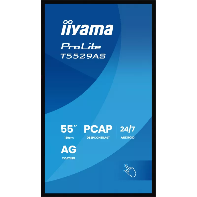 iiyama T5529AS-B1AG Signāla displejs Kioska dizains 138.7 cm (54.6 collas) LED Wi-Fi 450 cd/m² 4K Ultra HD Melns Skārienekrāns Iebūvēts procesors Android 24/7