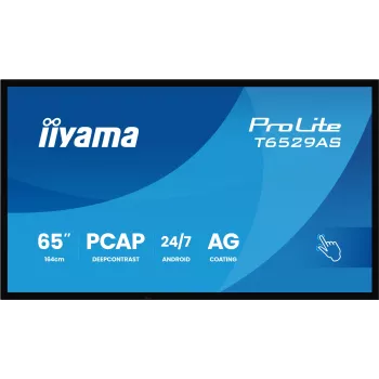 iiyama T6529AS-B1AG Signage displejs Kioska dizains 163.8 cm (64.5 collas) LED Wi-Fi 420 cd/m² 4K Ultra HD Melns Skārienekrāns Iebūvēts procesors Android 24/7