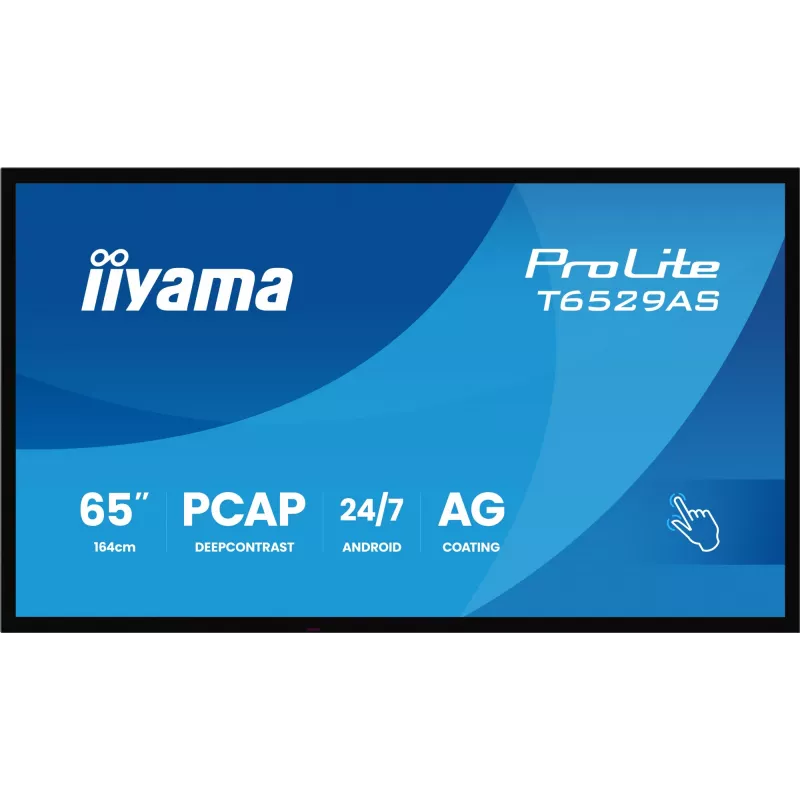 iiyama T6529AS-B1AG Signage displejs Kioska dizains 163.8 cm (64.5 collas) LED Wi-Fi 420 cd/m² 4K Ultra HD Melns Skārienekrāns Iebūvēts procesors Android 24/7