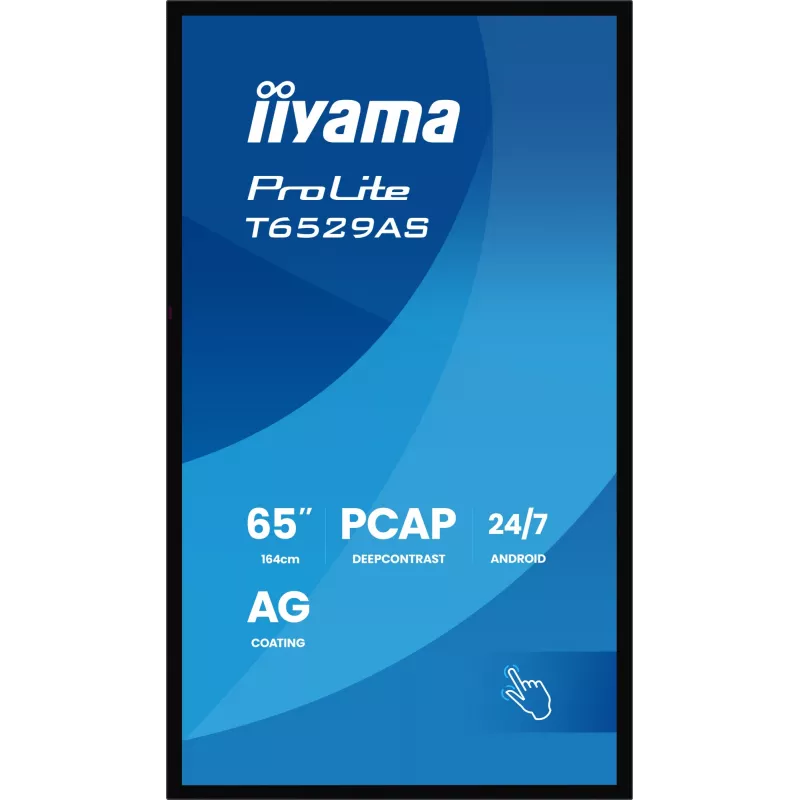 iiyama T6529AS-B1AG Signage displejs Kioska dizains 163.8 cm (64.5 collas) LED Wi-Fi 420 cd/m² 4K Ultra HD Melns Skārienekrāns Iebūvēts procesors Android 24/7