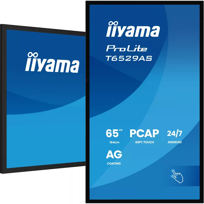 iiyama T6529AS-B1AG Signage displejs Kioska dizains 163.8 cm (64.5 collas) LED Wi-Fi 420 cd/m² 4K Ultra HD Melns Skārienekrāns Iebūvēts procesors Android 24/7