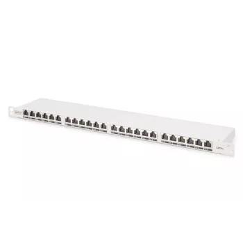 DIGITUS Sadales panelis CAT6A EA ekranēts, 24-portu RJ45 putekļu vāciņš, 8P8C, 0.5U, pelēks RAL 7035