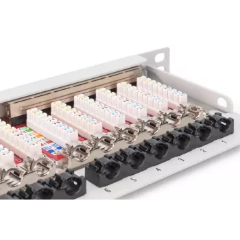 DIGITUS Sadales panelis CAT6A EA ekranēts, 24-portu RJ45 putekļu vāciņš, 8P8C, 0.5U, pelēks RAL 7035