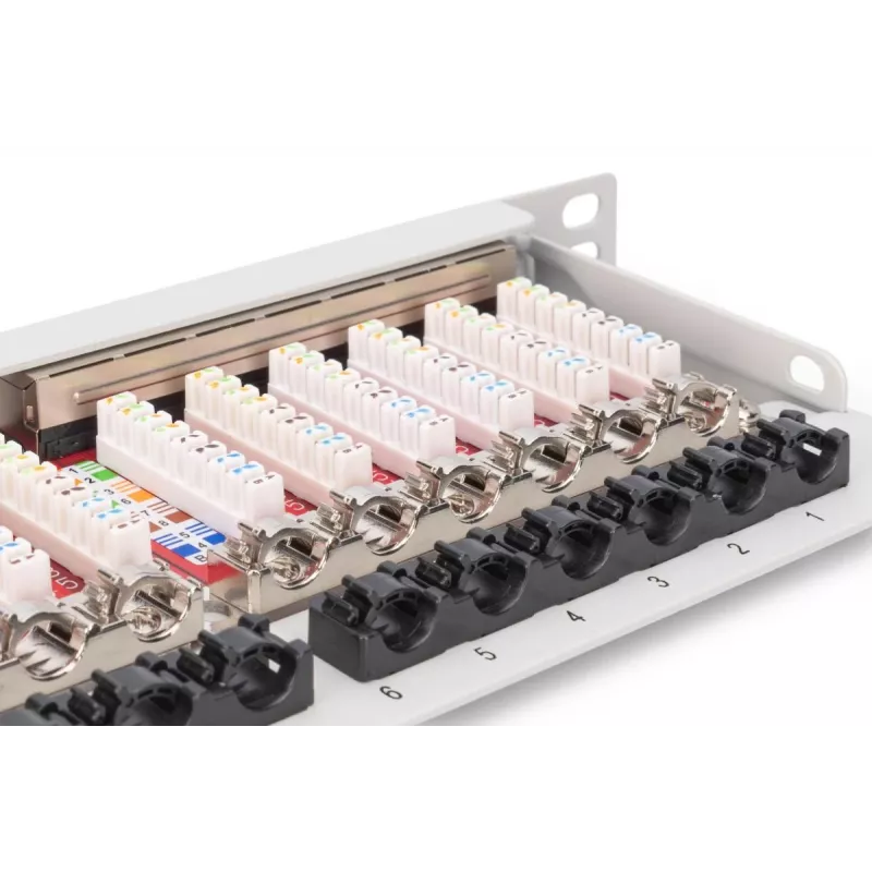 DIGITUS Sadales panelis CAT6A EA ekranēts, 24-portu RJ45 putekļu vāciņš, 8P8C, 0.5U, pelēks RAL 7035