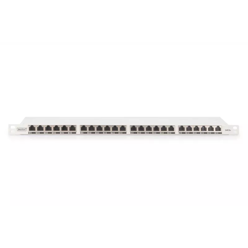 DIGITUS Sadales panelis CAT6A EA ekranēts, 24-portu RJ45 putekļu vāciņš, 8P8C, 0.5U, pelēks RAL 7035