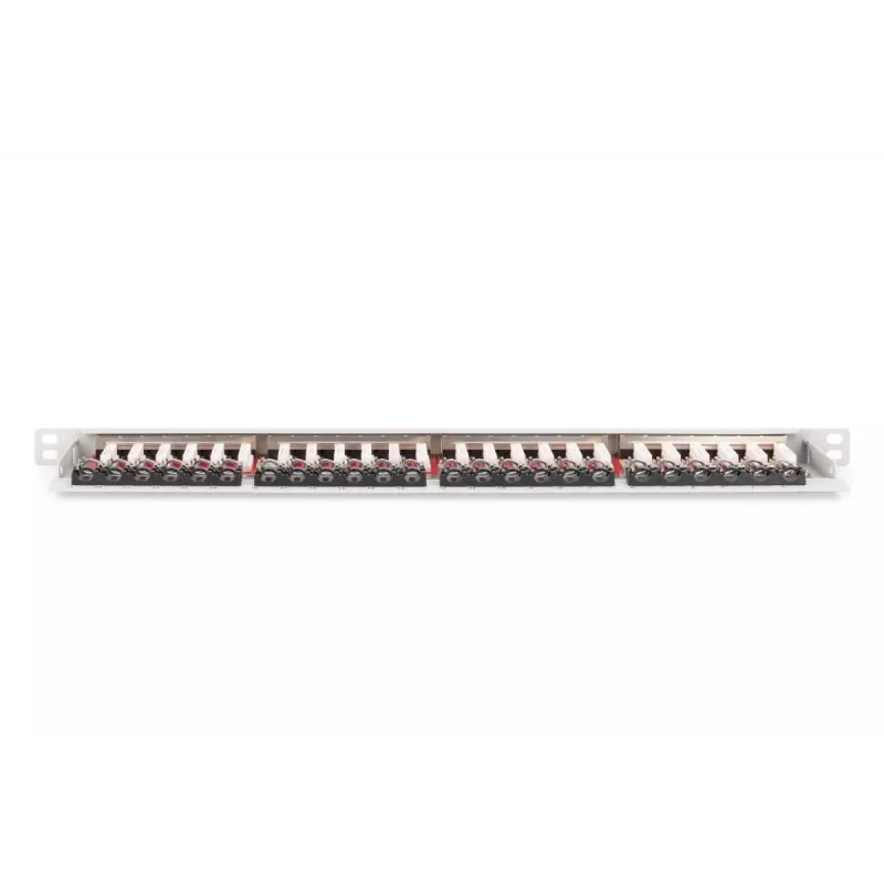 DIGITUS Sadales panelis CAT6A EA ekranēts, 24-portu RJ45 putekļu vāciņš, 8P8C, 0.5U, pelēks RAL 7035