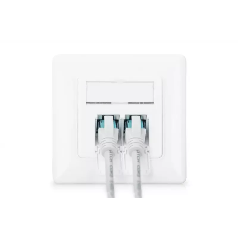 DIGITUS CAT6A EA klase tīkla kontaktligzda, ekranēta 2x RJ45, LSA, tīri balta, līdzena montāža, 8 virzienu