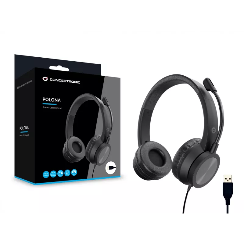 Conceptronic POLONA05B stereo USB austiņas ar trokšņu slāpēšanas mikrofonu