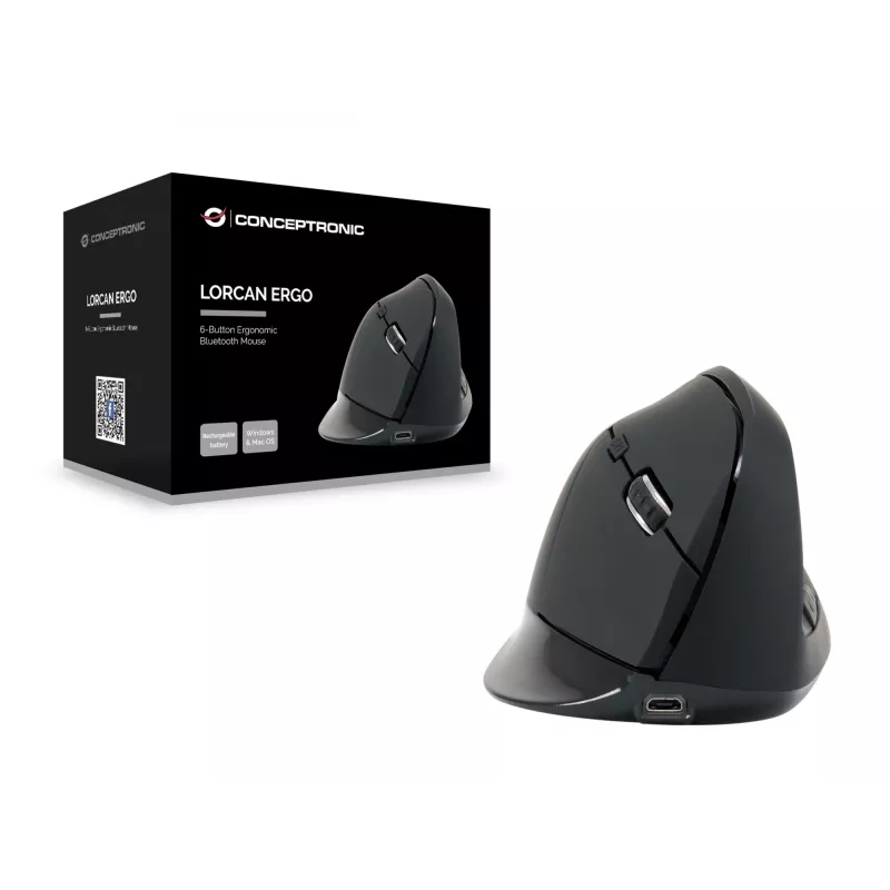 Conceptronic LORCAN ERGO 6 pogu ergonomiskā Bluetooth pele, labā roka, vertikāls dizains, optiska, Bluetooth, 1600 DPI, melna