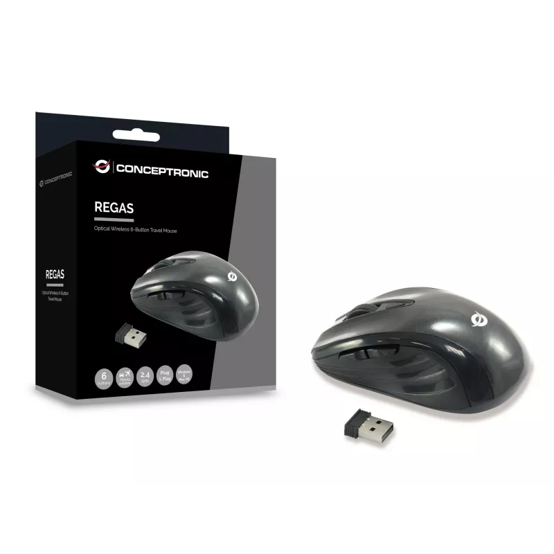 Conceptronic CLLM5BTRVWL 6 pogu bezvadu ceļojumu pele, labroku, optiskā, RF bezvadu, 1600 DPI, melna