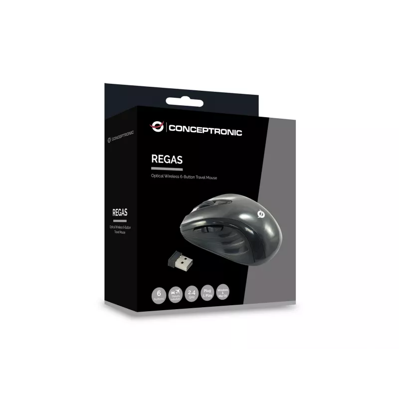 Conceptronic CLLM5BTRVWL 6 pogu bezvadu ceļojumu pele, labroku, optiskā, RF bezvadu, 1600 DPI, melna