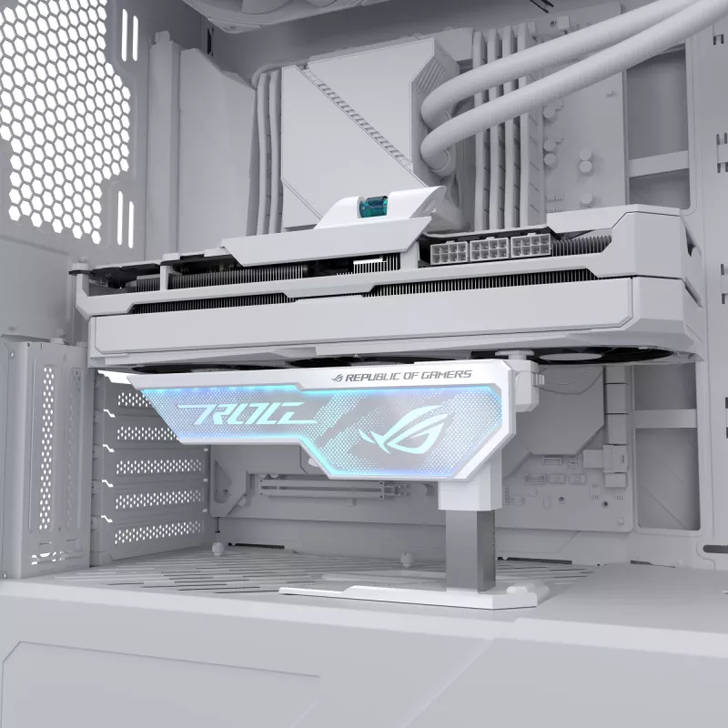 Grafiskās kartes turētājs ASUS ROG Herculx Universal balta — 0,5 m garums, atbalsta 1 GPU, daudzkrāsu apgaismojums