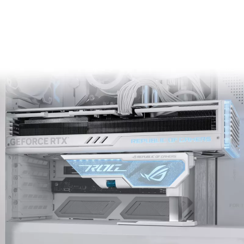 Grafiskās kartes turētājs ASUS ROG Herculx Universal balta — 0,5 m garums, atbalsta 1 GPU, daudzkrāsu apgaismojums