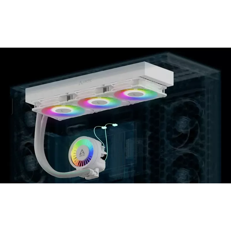 Viss vienā CPU šķidruma dzesētājs Arctic Liquid Freezer III Pro 420 A-RGB (Balts) — 140 mm ventilatori, daudzkontaktu LGA1700/AM4/AM5