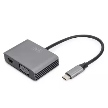 DIGITUS USB-C - mini DP + VGA adapteris, 20 cm 4K/30Hz, sudraba krāsā, alumīnija korpuss