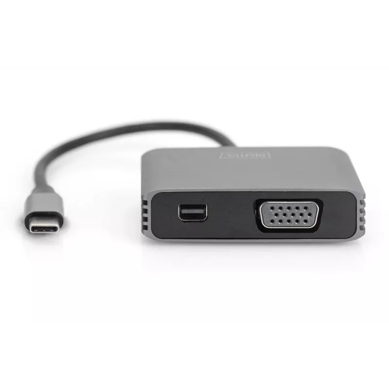 DIGITUS USB-C - mini DP + VGA adapteris, 20 cm 4K/30Hz, sudraba krāsā, alumīnija korpuss