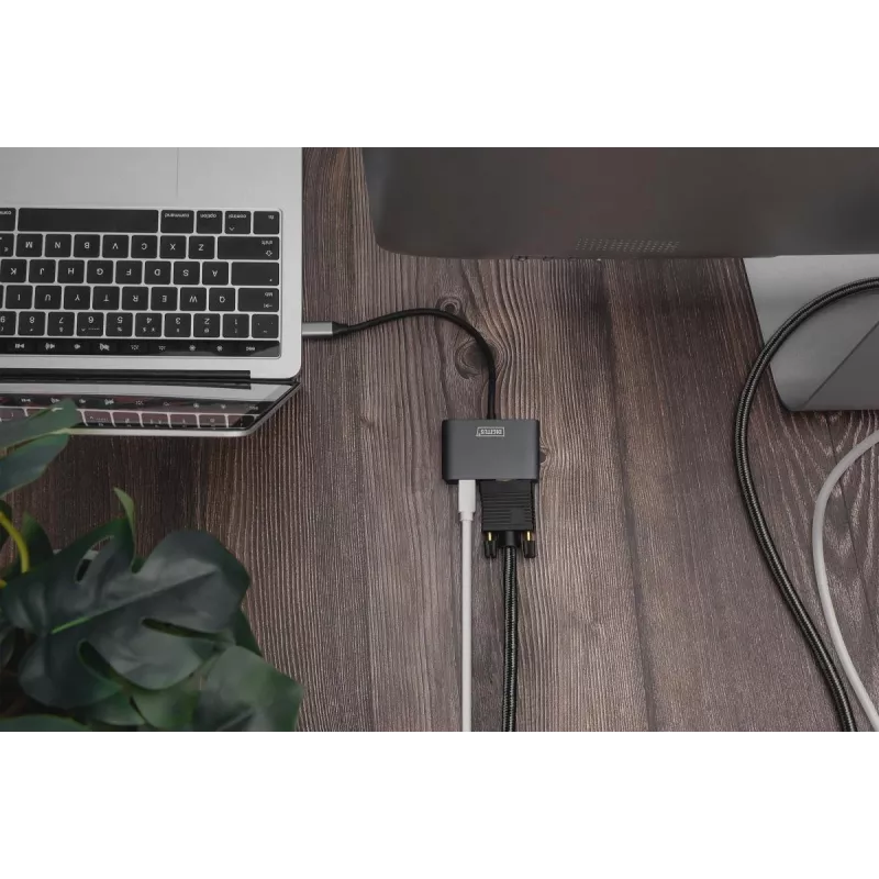 DIGITUS USB-C - mini DP + VGA adapteris, 20 cm 4K/30Hz, sudraba krāsā, alumīnija korpuss