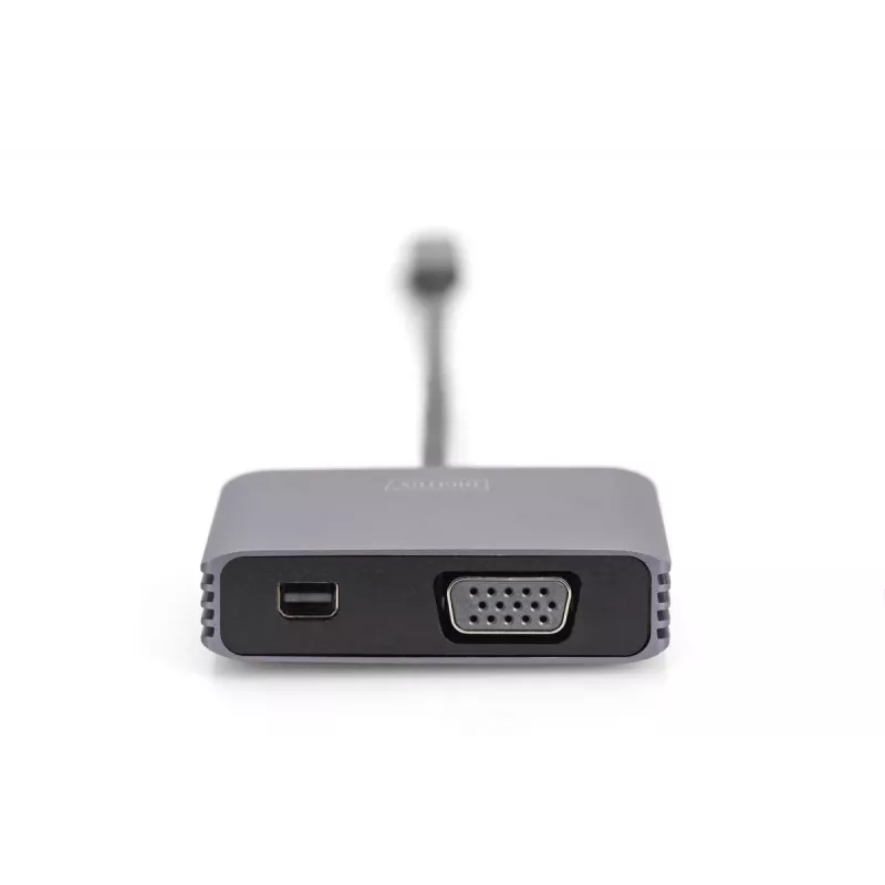 DIGITUS USB-C - mini DP + VGA adapteris, 20 cm 4K/30Hz, sudraba krāsā, alumīnija korpuss