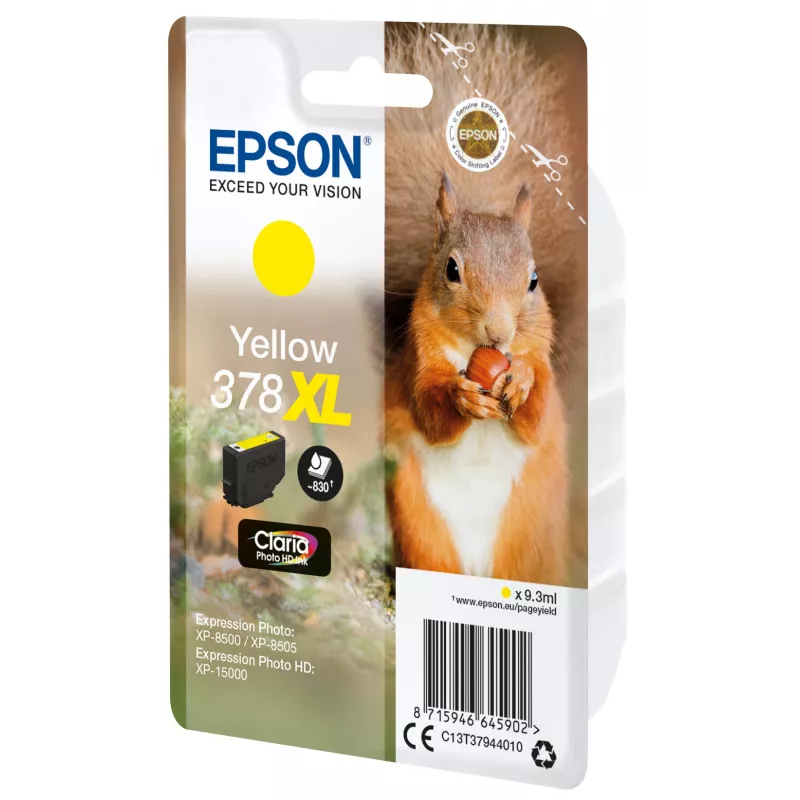 Epson Squirrel atsevišķs iepakojums dzeltens 378XL Claria Photo HD tinte, augstas (XL) ietilpības, dzeltens, pigmenta tinte, 9,3 ml, 1 gab., 830 lapas
