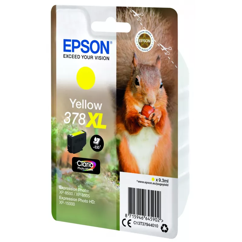 Epson Squirrel atsevišķs iepakojums dzeltens 378XL Claria Photo HD tinte, augstas (XL) ietilpības, dzeltens, pigmenta tinte, 9,3 ml, 1 gab., 830 lapas