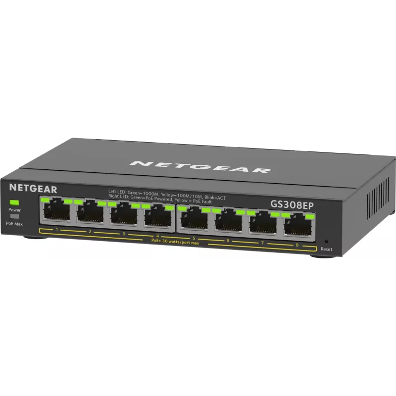 NETGEAR 8 portu gigabitu Ethernet PoE+ Plus slēdzis (GS308EP) pārvaldāms L2/L3 Gigabit Ethernet (10/100/1000) ar strāvas padevi pa Ethernet (PoE) melns