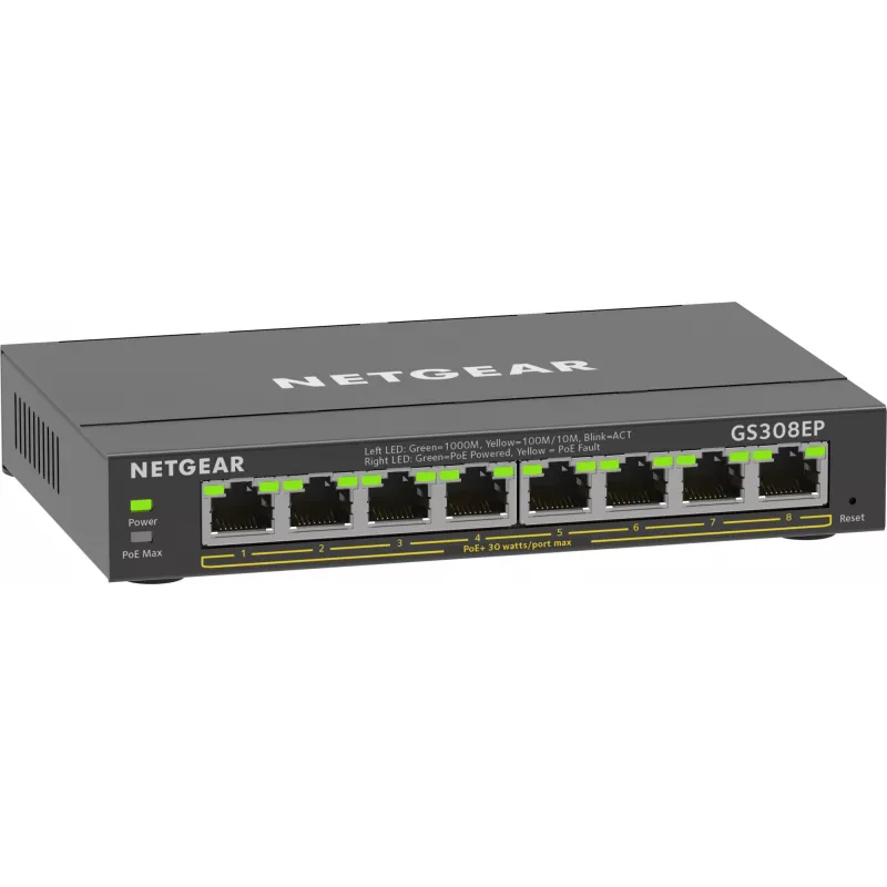 NETGEAR 8 portu gigabitu Ethernet PoE+ Plus slēdzis (GS308EP) pārvaldāms L2/L3 Gigabit Ethernet (10/100/1000) ar strāvas padevi pa Ethernet (PoE) melns