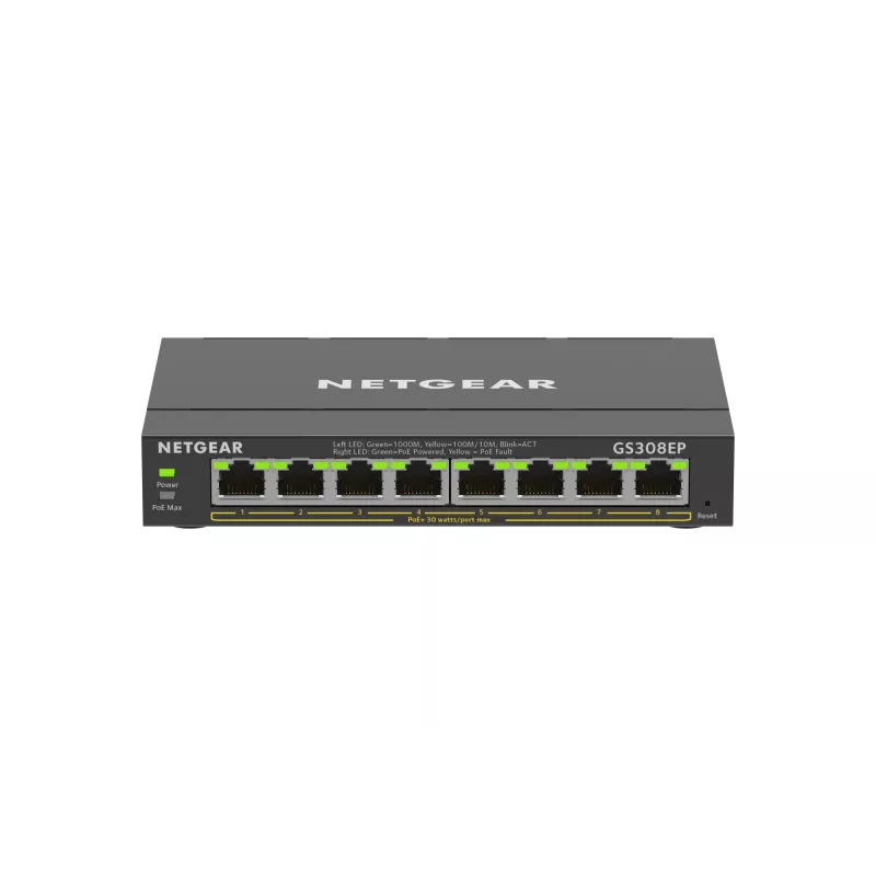 NETGEAR 8 portu gigabitu Ethernet PoE+ Plus slēdzis (GS308EP) pārvaldāms L2/L3 Gigabit Ethernet (10/100/1000) ar strāvas padevi pa Ethernet (PoE) melns