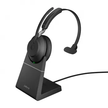 Jabra Evolve2 65 USB-A UC Mono ar uzlādes statīvu - Melns, Bezvadu, Birojs/Zvanu centrs, 20 - 20000 Hz, 99.2 g, Austiņas, Melns