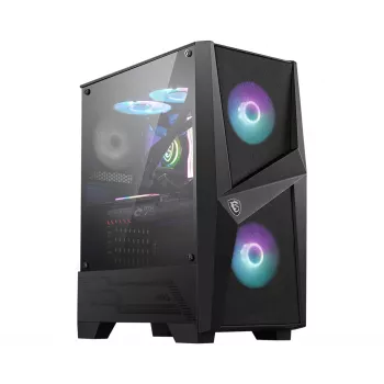 MSI MAG FORGE 100R Mid Tower spēļu datora korpuss 'Melns, 2x 120 mm ARGB PWM ventilators, 1x 120 mm ventilators, 1-6 ARGB centrmezgls, Mystic Light Sync, rūdīta stikla panelis, ATX, mATX, mini-ITX'