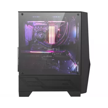 MSI MAG FORGE 100R Mid Tower spēļu datora korpuss 'Melns, 2x 120 mm ARGB PWM ventilators, 1x 120 mm ventilators, 1-6 ARGB centrmezgls, Mystic Light Sync, rūdīta stikla panelis, ATX, mATX, mini-ITX'