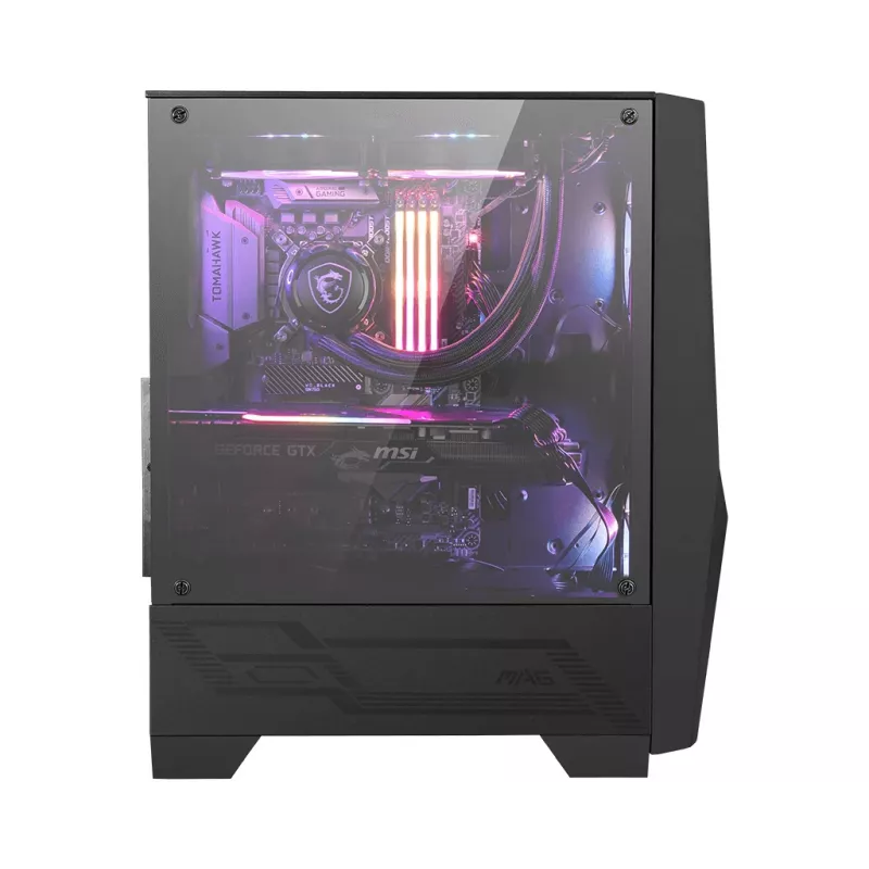 MSI MAG FORGE 100R Mid Tower spēļu datora korpuss 'Melns, 2x 120 mm ARGB PWM ventilators, 1x 120 mm ventilators, 1-6 ARGB centrmezgls, Mystic Light Sync, rūdīta stikla panelis, ATX, mATX, mini-ITX'