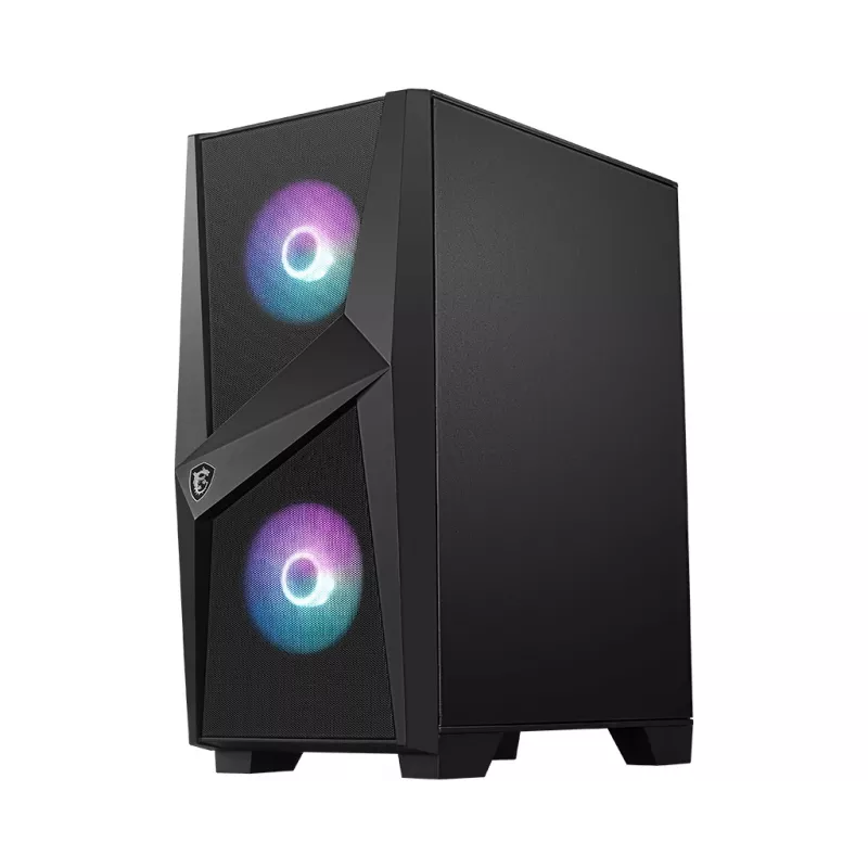 MSI MAG FORGE 100R Mid Tower spēļu datora korpuss 'Melns, 2x 120 mm ARGB PWM ventilators, 1x 120 mm ventilators, 1-6 ARGB centrmezgls, Mystic Light Sync, rūdīta stikla panelis, ATX, mATX, mini-ITX'