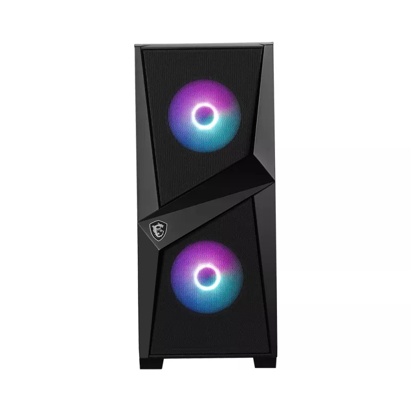 MSI MAG FORGE 100R Mid Tower spēļu datora korpuss 'Melns, 2x 120 mm ARGB PWM ventilators, 1x 120 mm ventilators, 1-6 ARGB centrmezgls, Mystic Light Sync, rūdīta stikla panelis, ATX, mATX, mini-ITX'