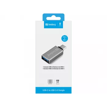 Sandberg USB-C uz USB 3.0 pārveidotājs, USB 3.2 Gen 1 (3.1 Gen 1) Type-C, USB 3.2 Gen 1 (3.1 Gen 1) Type-A, sudraba krāsa, alumīnijs, 5 g, 80 mm