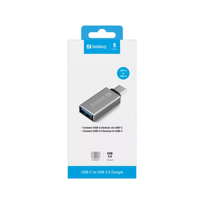 Sandberg USB-C uz USB 3.0 pārveidotājs, USB 3.2 Gen 1 (3.1 Gen 1) Type-C, USB 3.2 Gen 1 (3.1 Gen 1) Type-A, sudraba krāsa, alumīnijs, 5 g, 80 mm