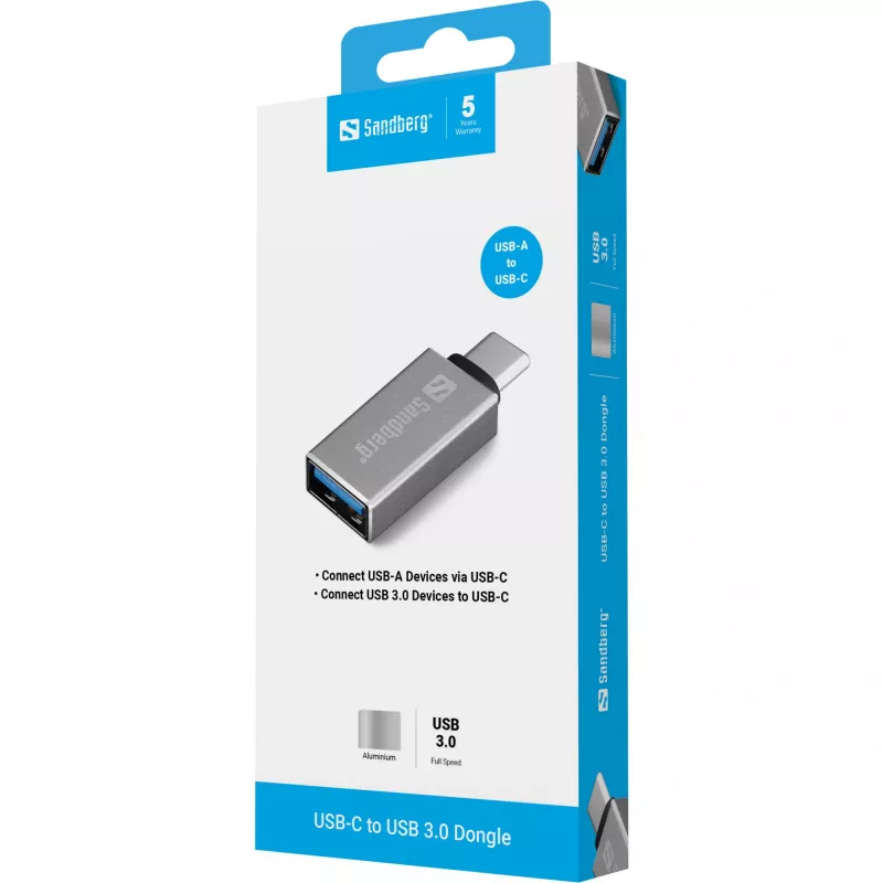 Sandberg USB-C uz USB 3.0 pārveidotājs, USB 3.2 Gen 1 (3.1 Gen 1) Type-C, USB 3.2 Gen 1 (3.1 Gen 1) Type-A, sudraba krāsa, alumīnijs, 5 g, 80 mm