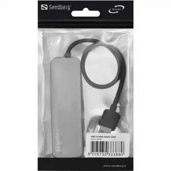 Sandberg USB 3.0 centrmezgls 4 portu SAVER, USB 3.2 Gen 1 (3.1 Gen 1) Type-A, USB 3.2 Gen 1 (3.1 Gen 1) Type-A, 5000 Mbit/s, sudraba krāsa, alumīnijs, 40 g