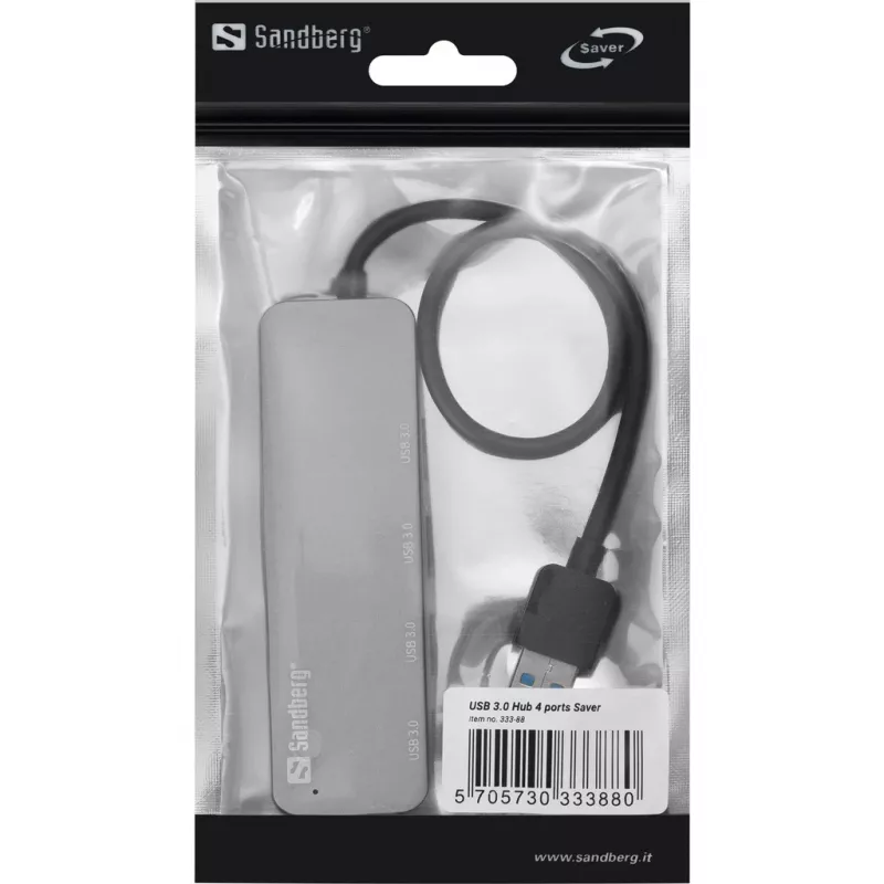 Sandberg USB 3.0 centrmezgls 4 portu SAVER, USB 3.2 Gen 1 (3.1 Gen 1) Type-A, USB 3.2 Gen 1 (3.1 Gen 1) Type-A, 5000 Mbit/s, sudraba krāsa, alumīnijs, 40 g