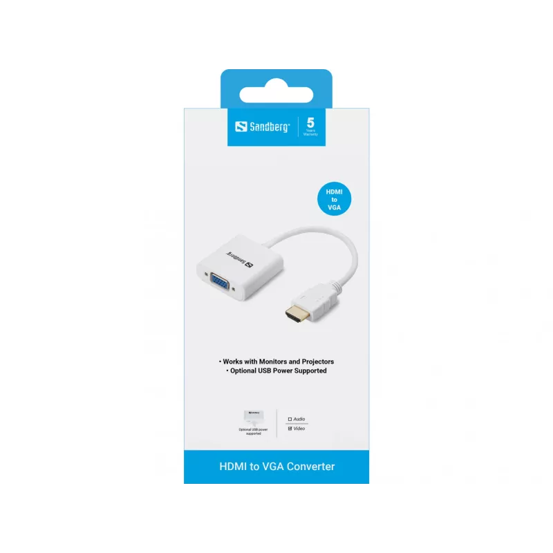 Sandberg HDMI uz VGA pārveidotājs, VGA (D-Sub), HDMI Type A (Standard), Vīrišķais, Sievišķais, Balts, RoHS