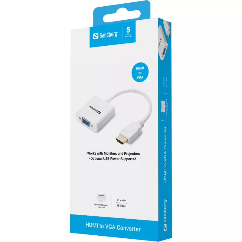 Sandberg HDMI uz VGA pārveidotājs, VGA (D-Sub), HDMI Type A (Standard), Vīrišķais, Sievišķais, Balts, RoHS