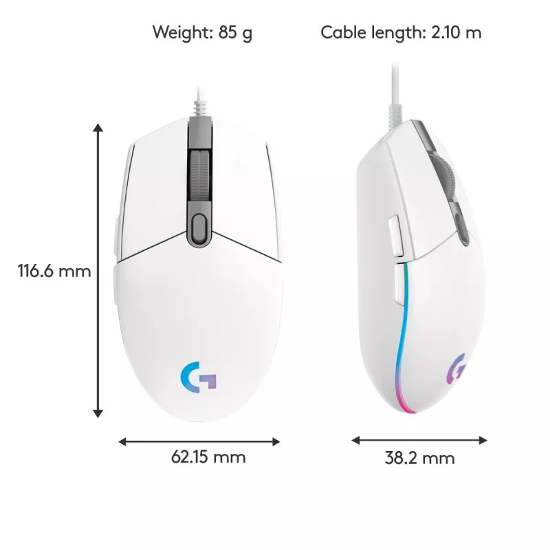 LOGITECH G203 Lightsync Gaming pele USB balta