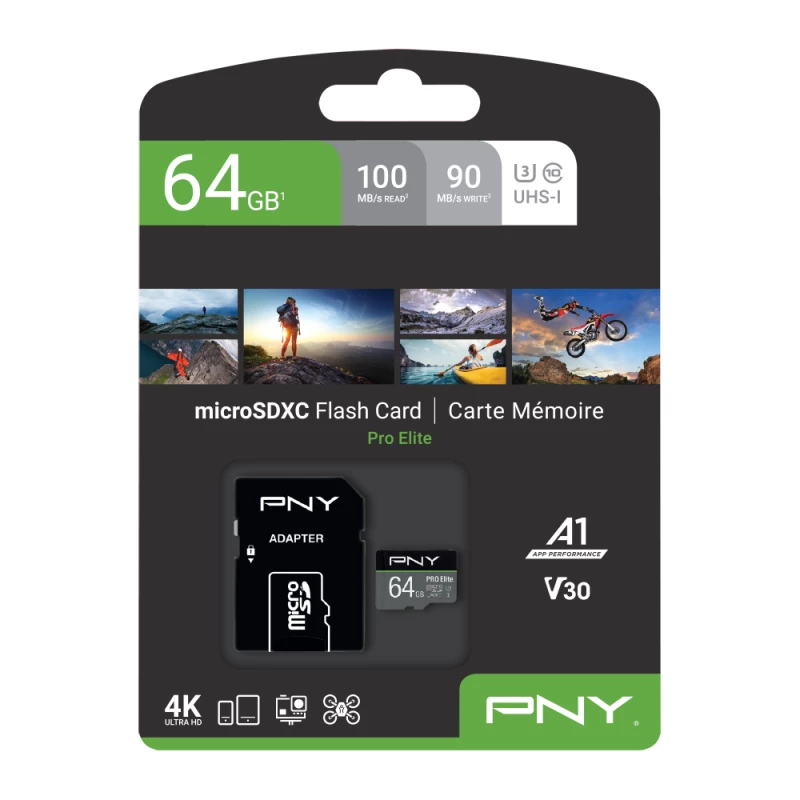 PNY Micro-sd Pro Elite 64GB Class 10 Uhs-i U3 A1 V30 Sd Adapteris