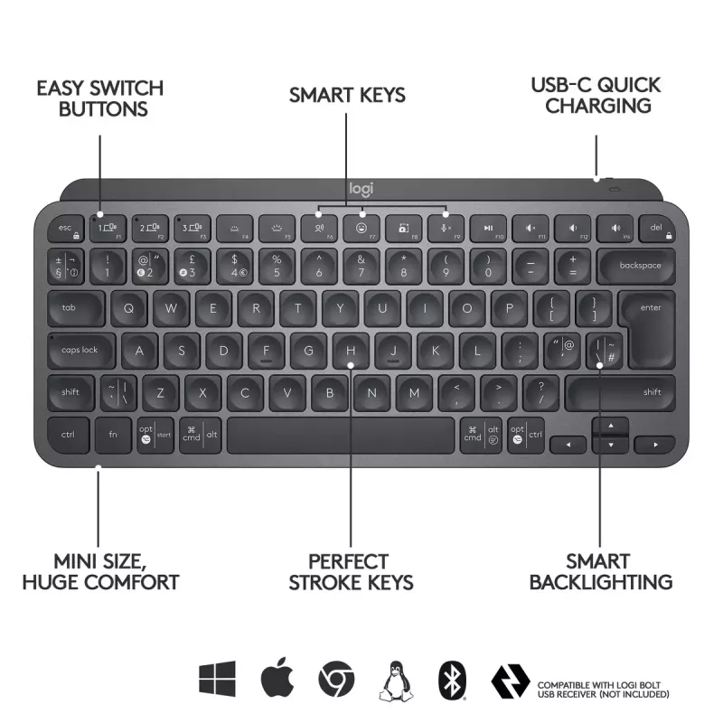 LOGITECH Minimālisma bezvadu izgaismotā tastatūra - MX KEYS MINI - Grafīts - Qwertz Deutsch