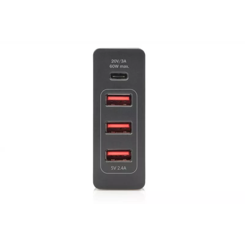 DIGITUS 4 portu USB lādētājs, 72W 1x USB-C (PD) 5,9,15,20V/3A, 3x USB-A 5V/2,4A, melns