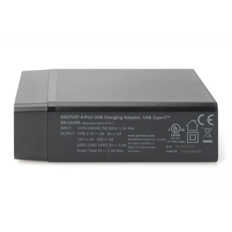 DIGITUS 4 portu USB lādētājs, 72W 1x USB-C (PD) 5,9,15,20V/3A, 3x USB-A 5V/2,4A, melns
