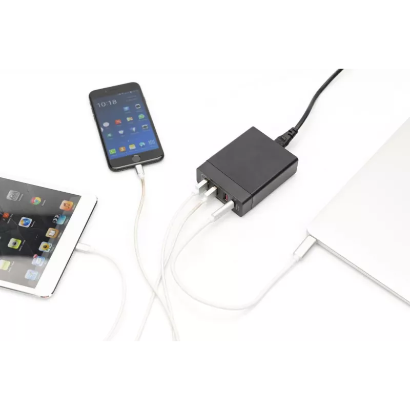 DIGITUS 4 portu USB lādētājs, 72W 1x USB-C (PD) 5,9,15,20V/3A, 3x USB-A 5V/2,4A, melns