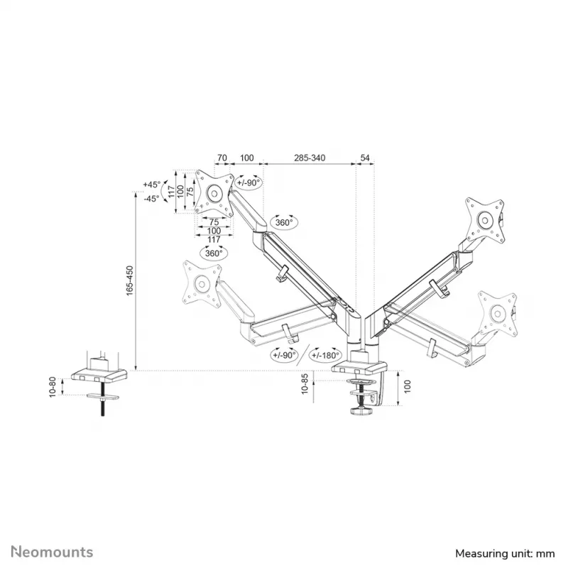 Neomounts DS70-810BL2 Monitors stiprinājuma roka 17-32 collas - gāzes atspere - vietas taupīšana - 180°-stop
